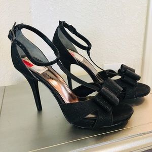 Sparkly black strapped heels w/ bow